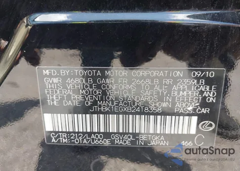 2011 Lexus Es 350 z USA, uszkodzony, nr VIN JTHBK1EGXB2418358